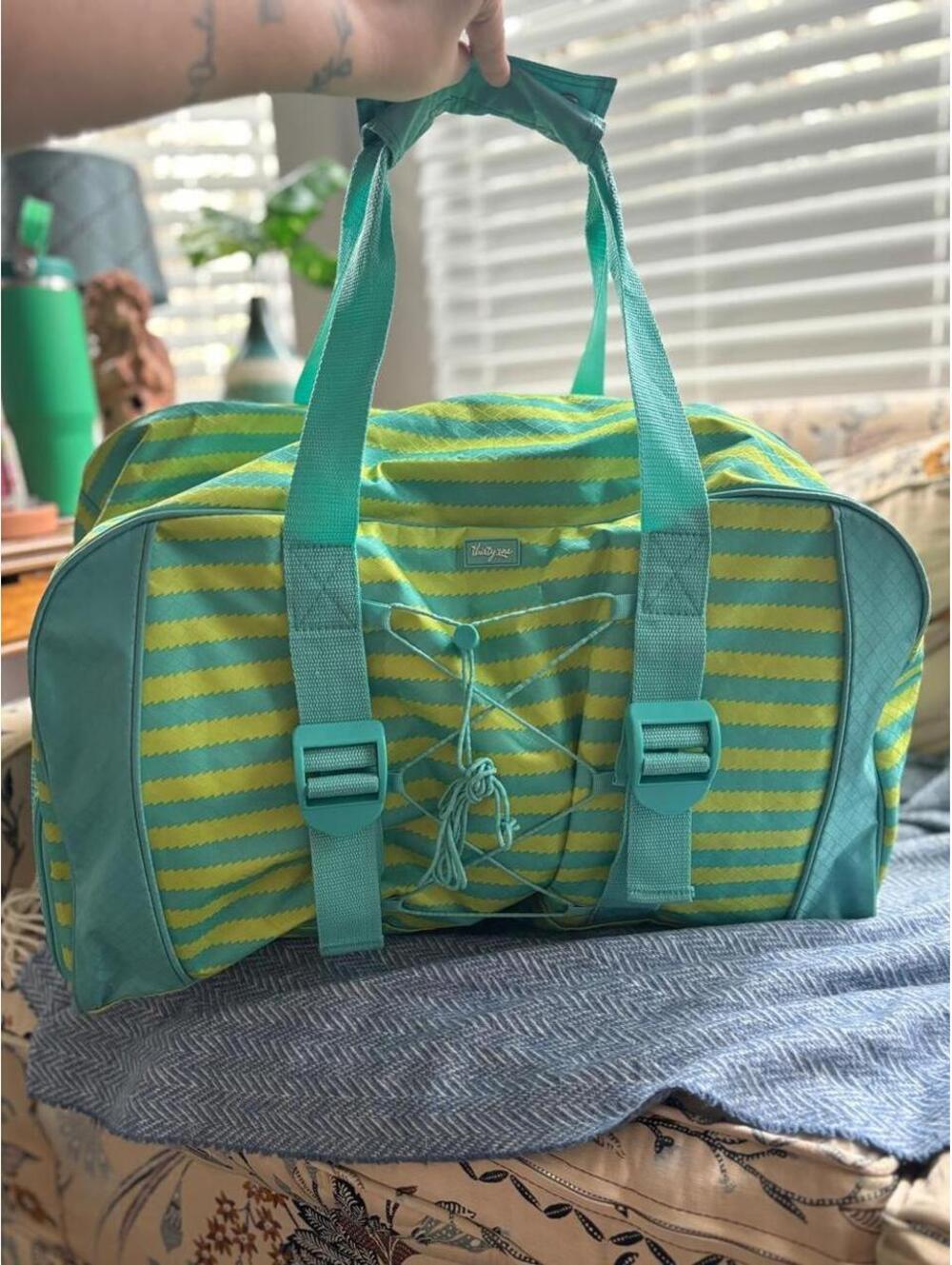 Thirty-One Teal Lime Stripe Weekender Travel Duffel Bag